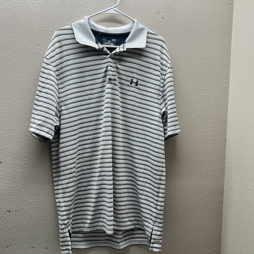 Under Armour Mens Shirt Polo Large White Striped Heat Gear Loose Fit Casual Golf
